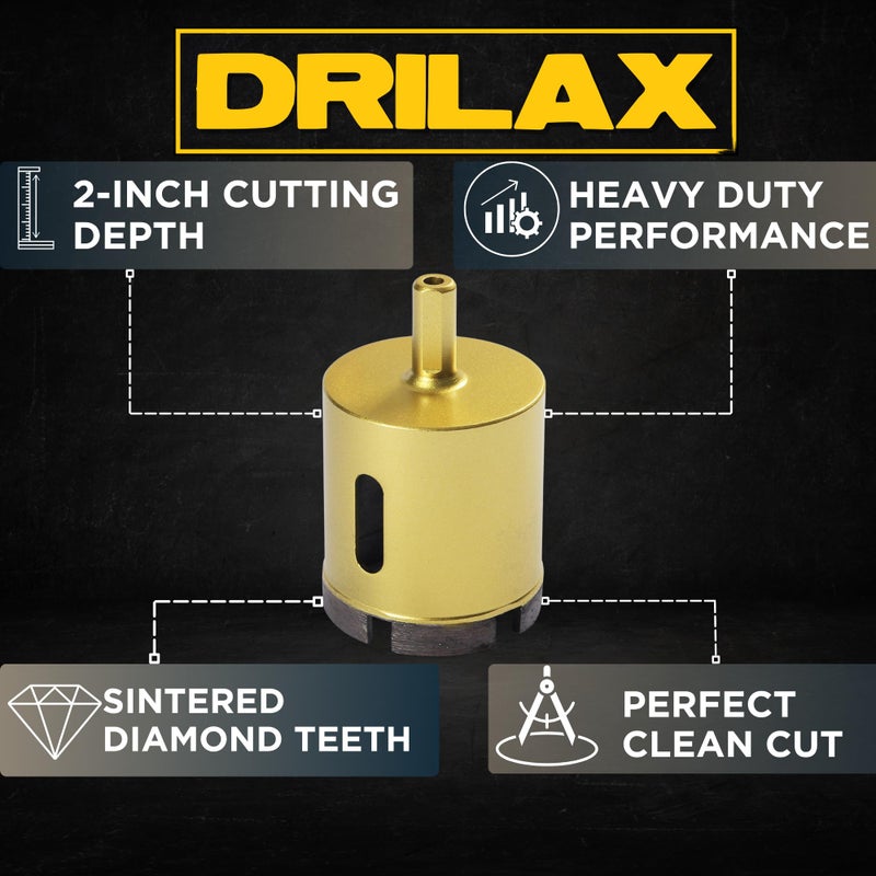 Drilax 1-1/4" Diamond Masonry Drill Bit | Heavy-Duty Dry Core Hole Saw for Concrete, Granite, Brick & Stone | 2-Inch Deep Cut | 3/8" Shank - Image 2